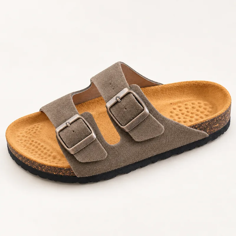 Deux brides en daim, coloris Taupe, vue de trois quarts