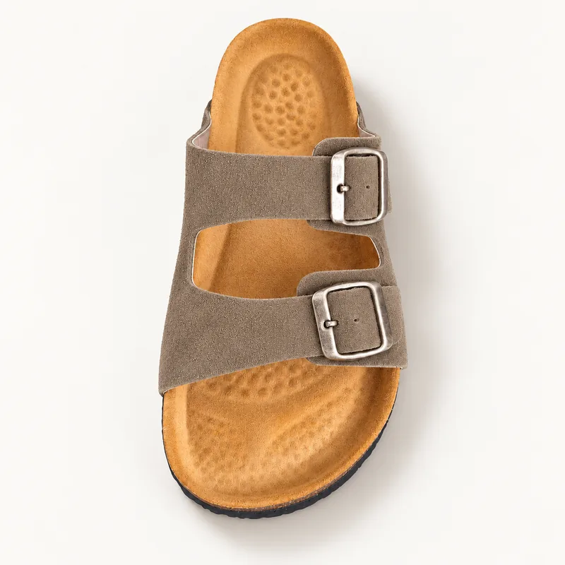 Deux brides en daim, coloris Taupe, vue de dessus
