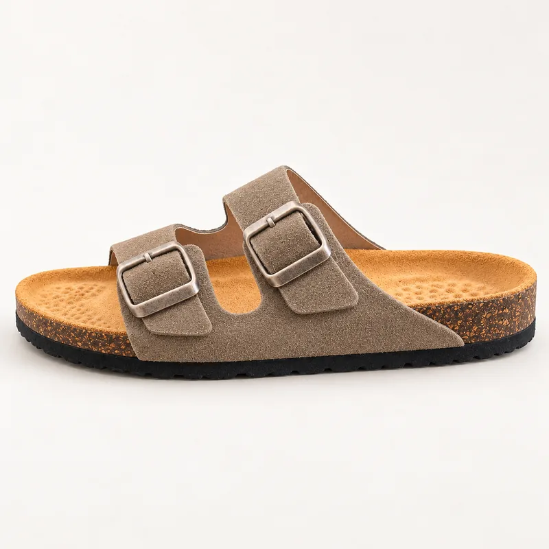 Deux brides en daim, coloris Taupe, vue de profil