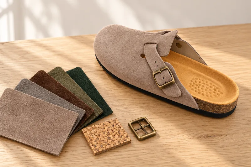 Composition de daim, liège et boucle autour d’une mule taupe