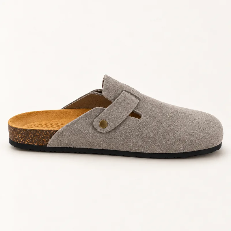 Mule fermée en daim, coloris Gris, vue de profil