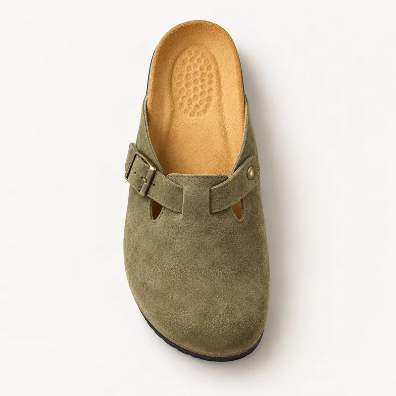 Mule fermée en daim, coloris Kaki, vue de dessus