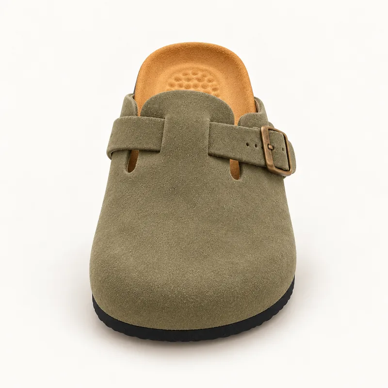 Mule fermée en daim, coloris Kaki, vue de face