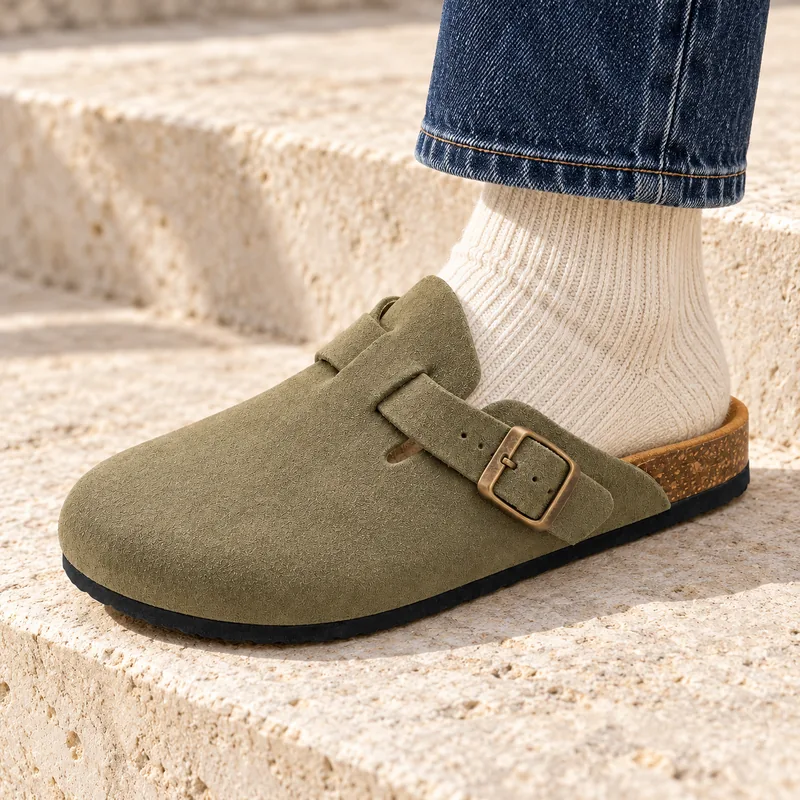Mule fermée en daim, coloris Kaki, en situation