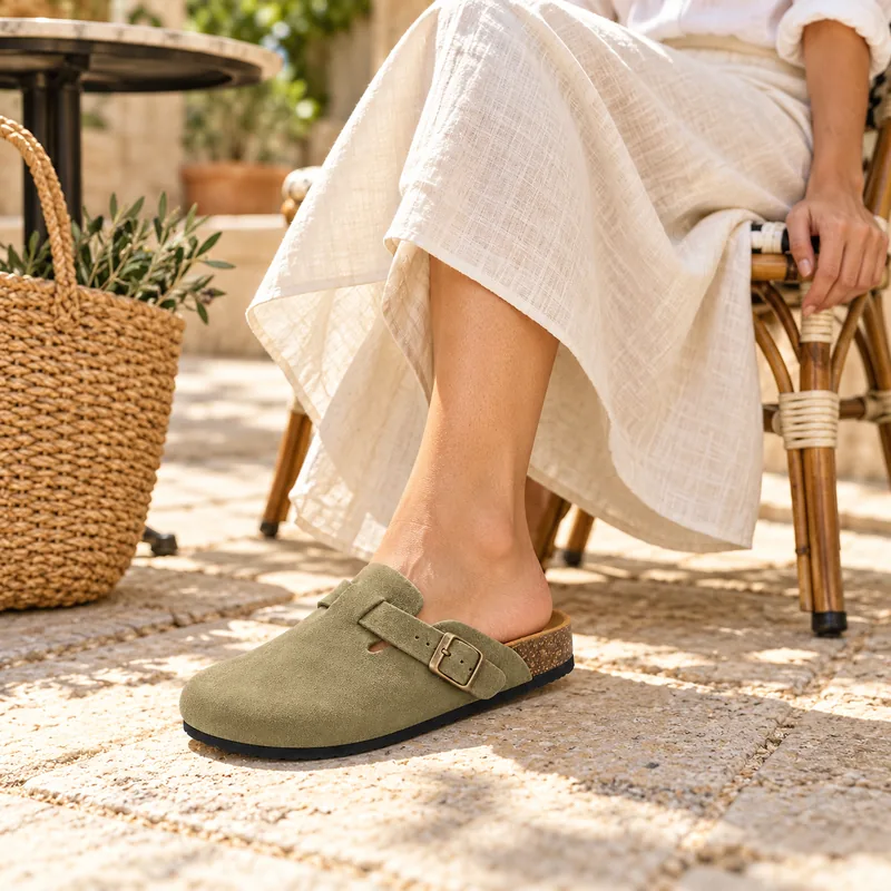Mule fermée en daim, coloris Kaki, en situation