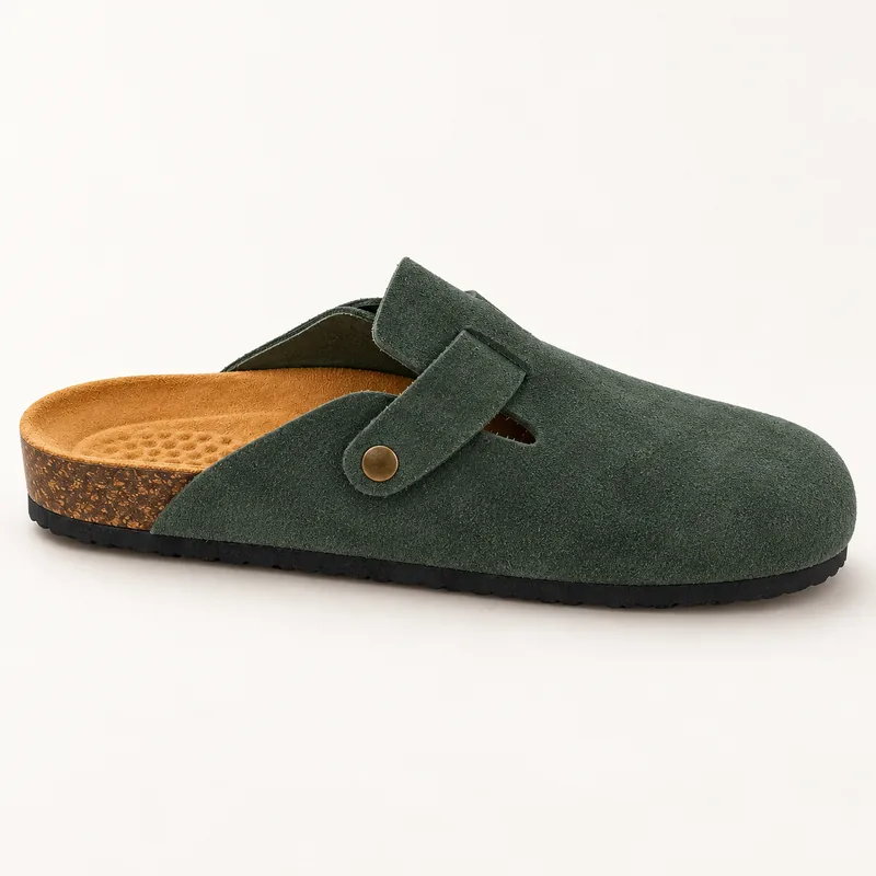 Mule fermée en daim, coloris Vert foncé, vue de profil