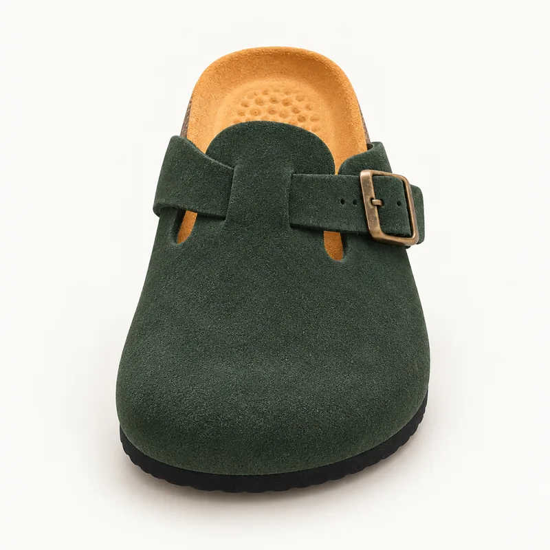 Mule fermée en daim, coloris Vert foncé, vue de face