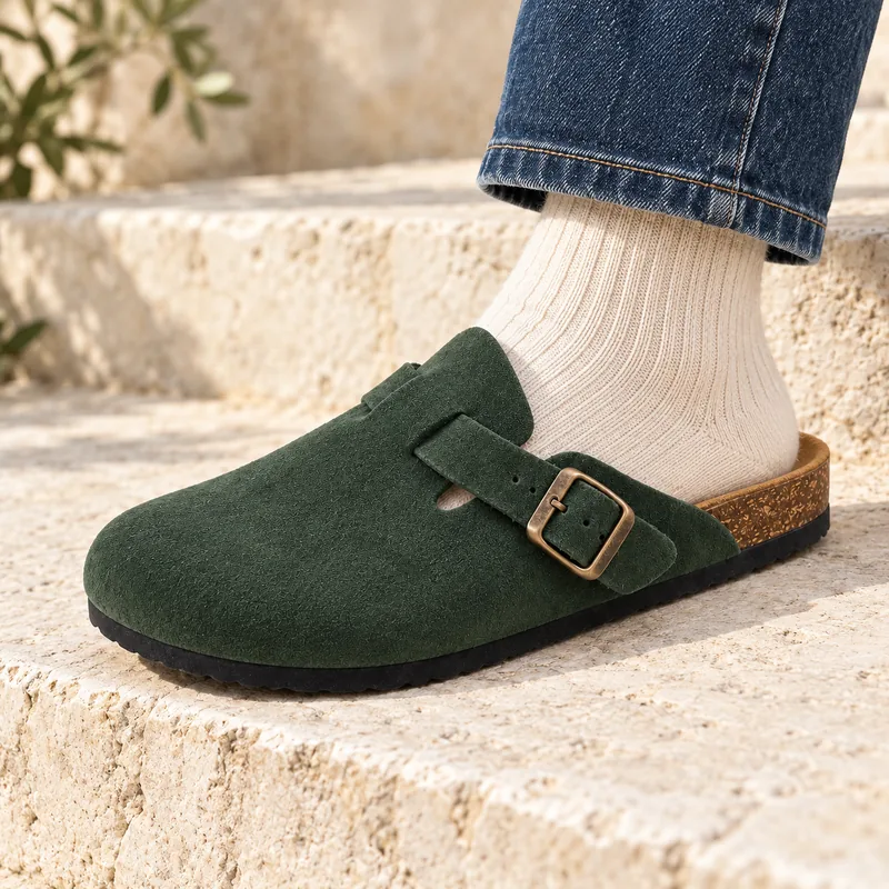 Mule fermée en daim, coloris Vert foncé, en situation