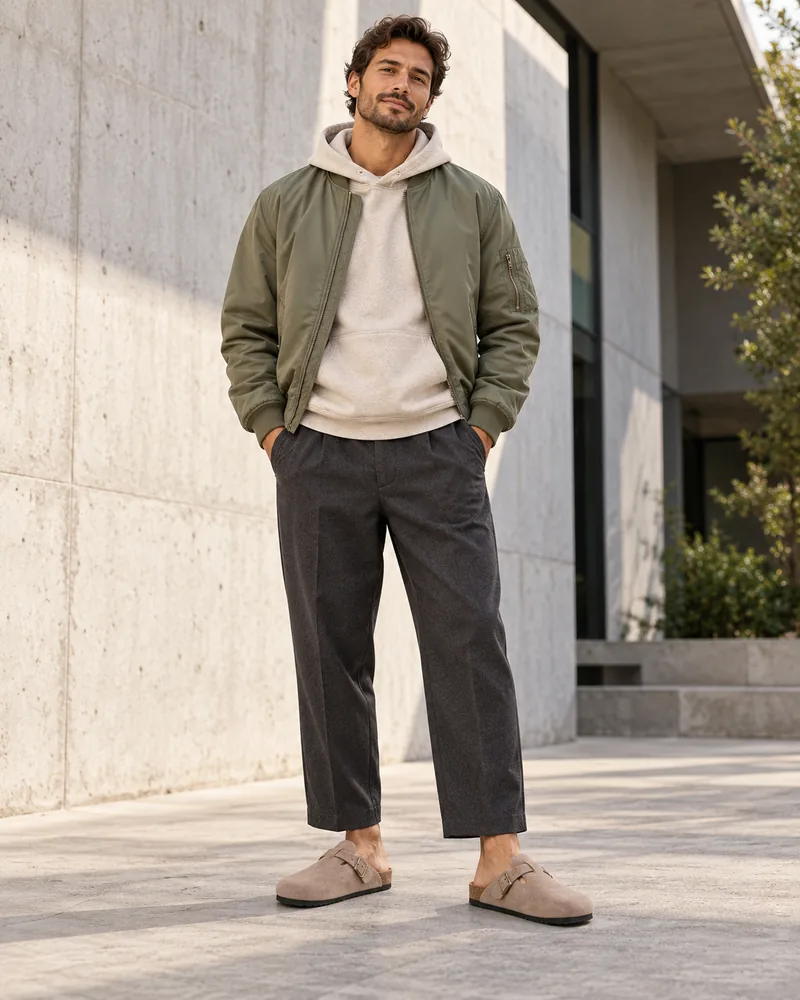 Mule fermée en daim, coloris Taupe, silhouette streetwear homme